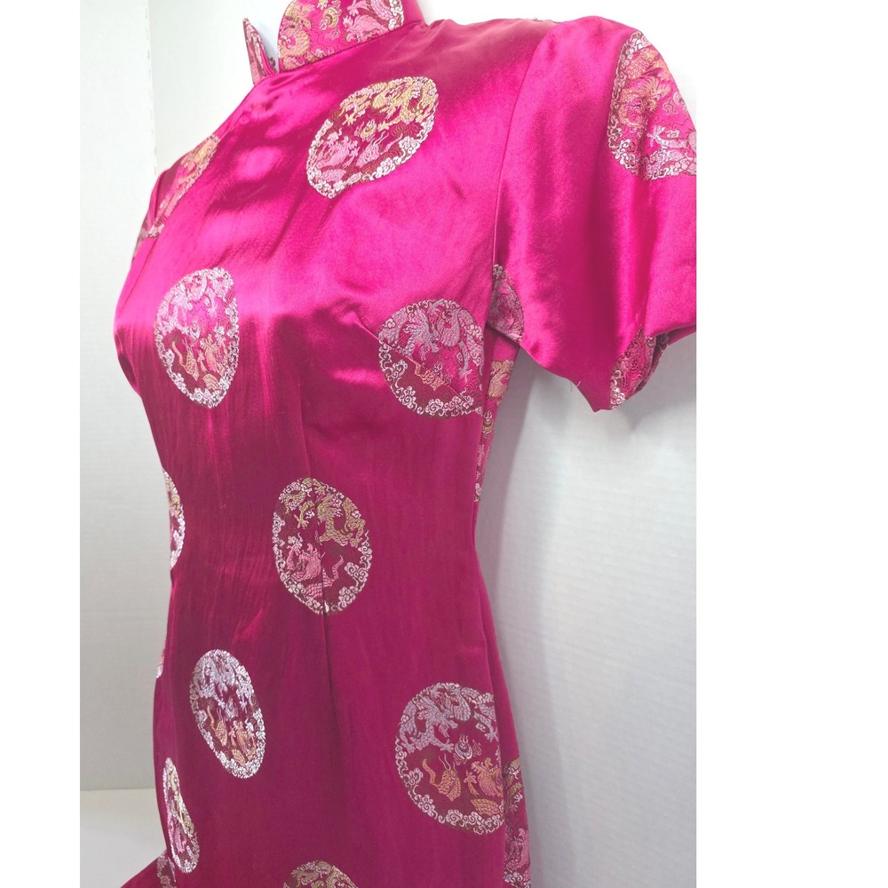 60s Vintage Fuchsia Pink Satin Cheongsam Qipao Dress Dragon Phoenix Brocade Midi - Picture 4 of 16